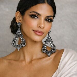 ZARA Gunmetal Crystal Drop Earrings | Ornate Filigree Statement Dangle